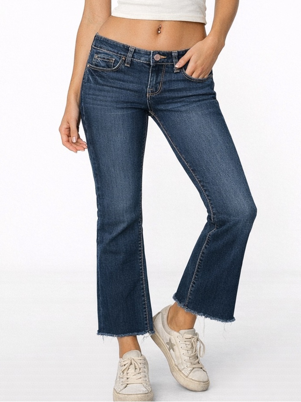 Mossimo Low Rise Cropped Bootcut Jeans 28x27 Y2K Dark Wash Raw Hem Stretch Denim